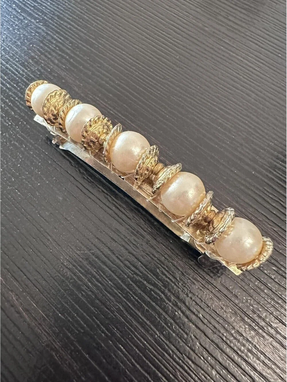 Vintage Faux Pearl Gold Tone Barrette White Beaded Hair Clip Gold Spacers EUC